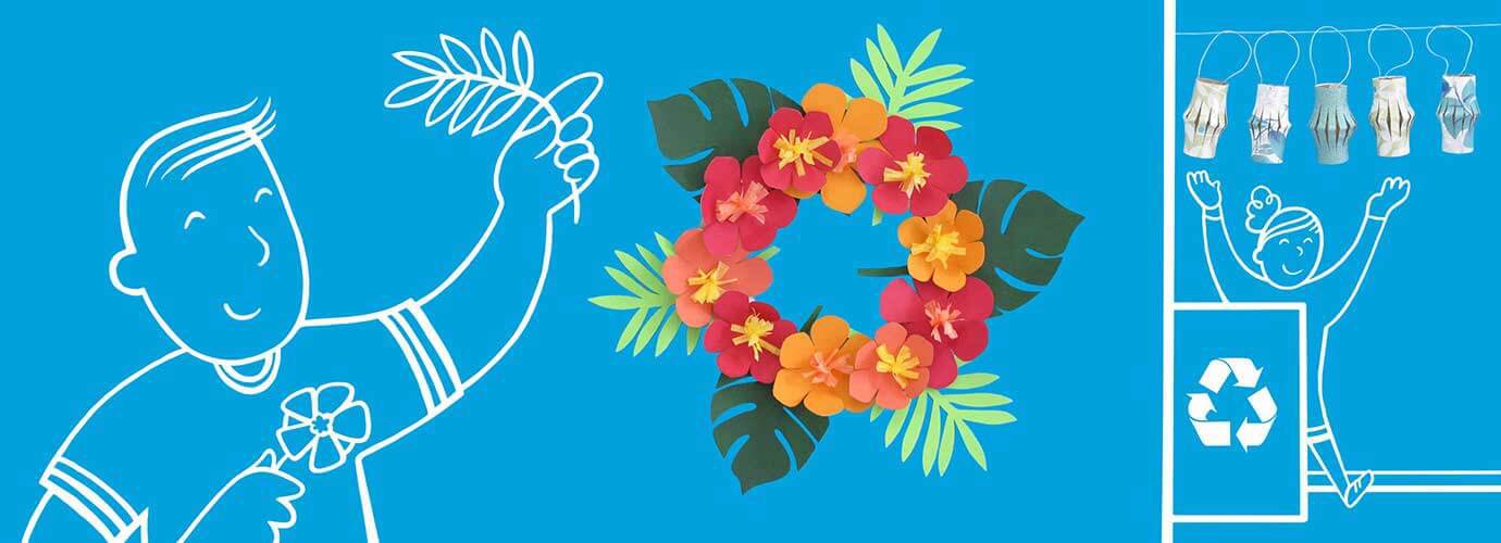 Een krans van kleurrijke bloemen en een slinger van lantaarns gemaakt van gerecycled karton met geïllustreerde mensen
